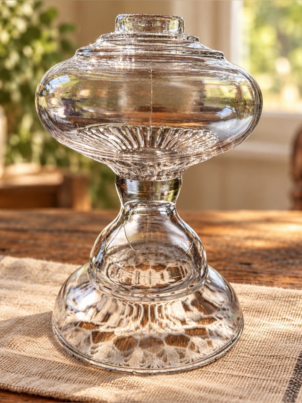 Vintage Clear Glass Pedestal Oil Lamp Base 9¼” Tall. G13